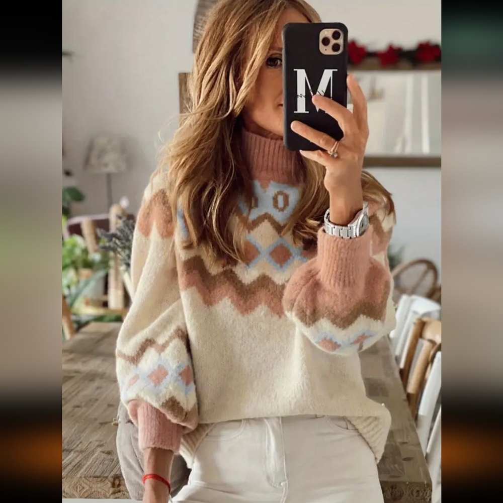 Geo Pattern Mock Neck Sweater - Picture 3 of 5